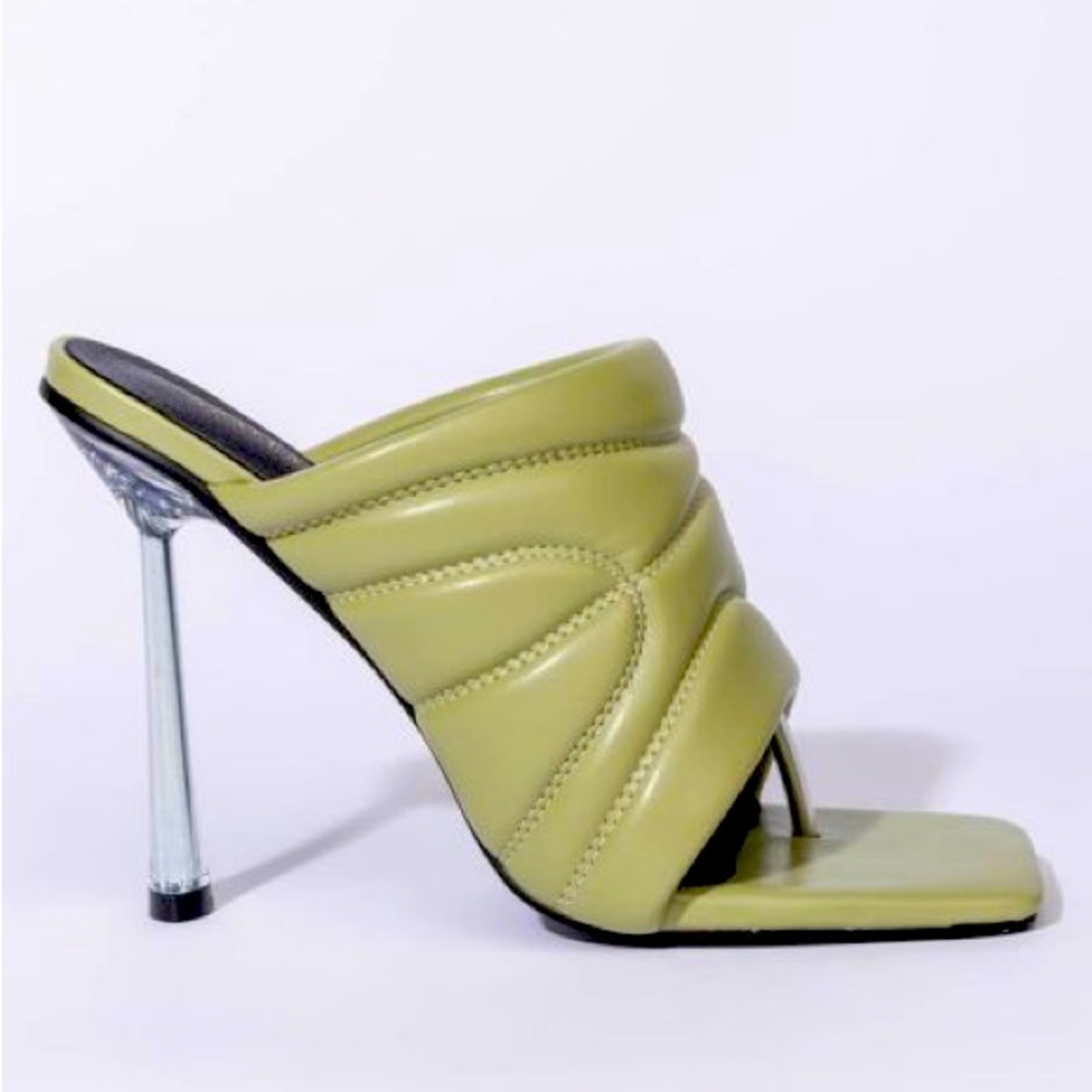Azalea Wang Khaki Green Vegan Leather Mules Heel Sandals